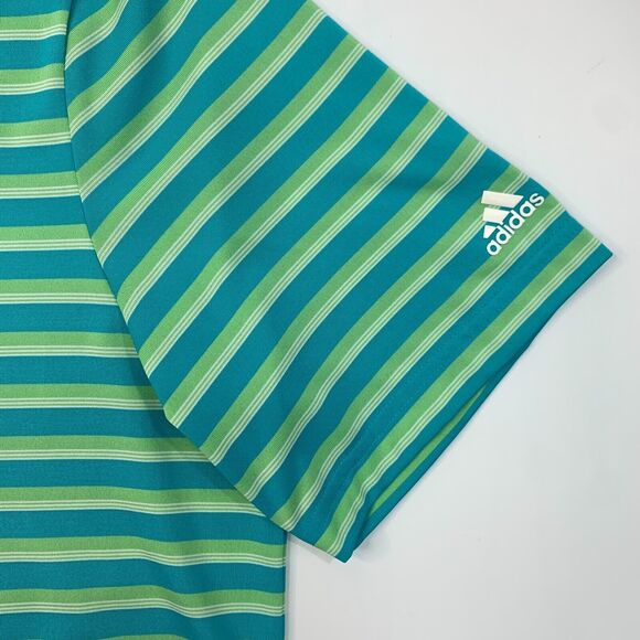 Adidas Polo Shirt Mens L Large Green Striped High Low Vented Hem Short Sleeves - Picture 5 of 14